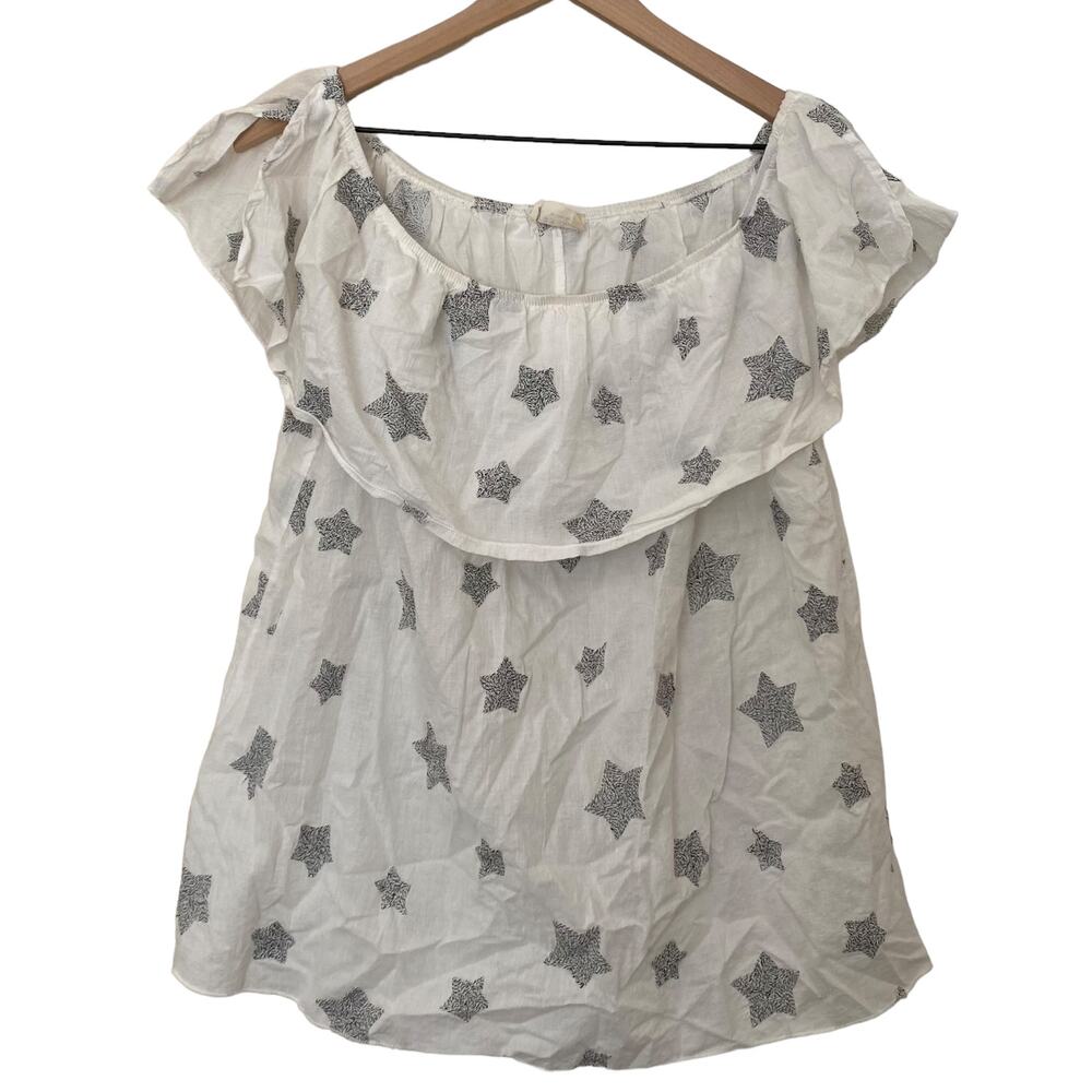 143 Story by Line Up Women's Star Embroidered White Ruffle Blouse Size Small
